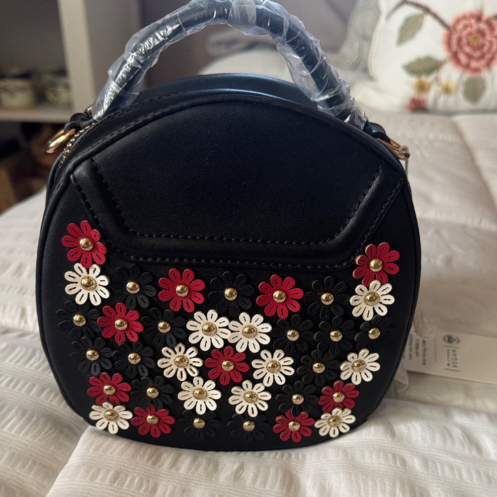 Urban Expressions Black Mini Circle Bag with Red and White Floral Appliqués